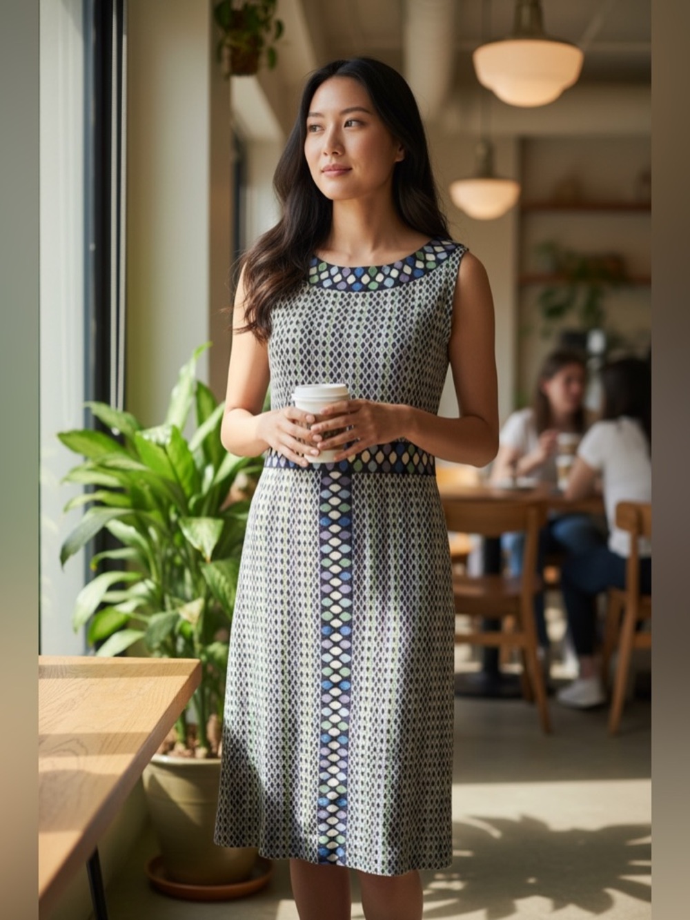 Tory Burch Blue and Green Sleeveless Shift Midi Dress